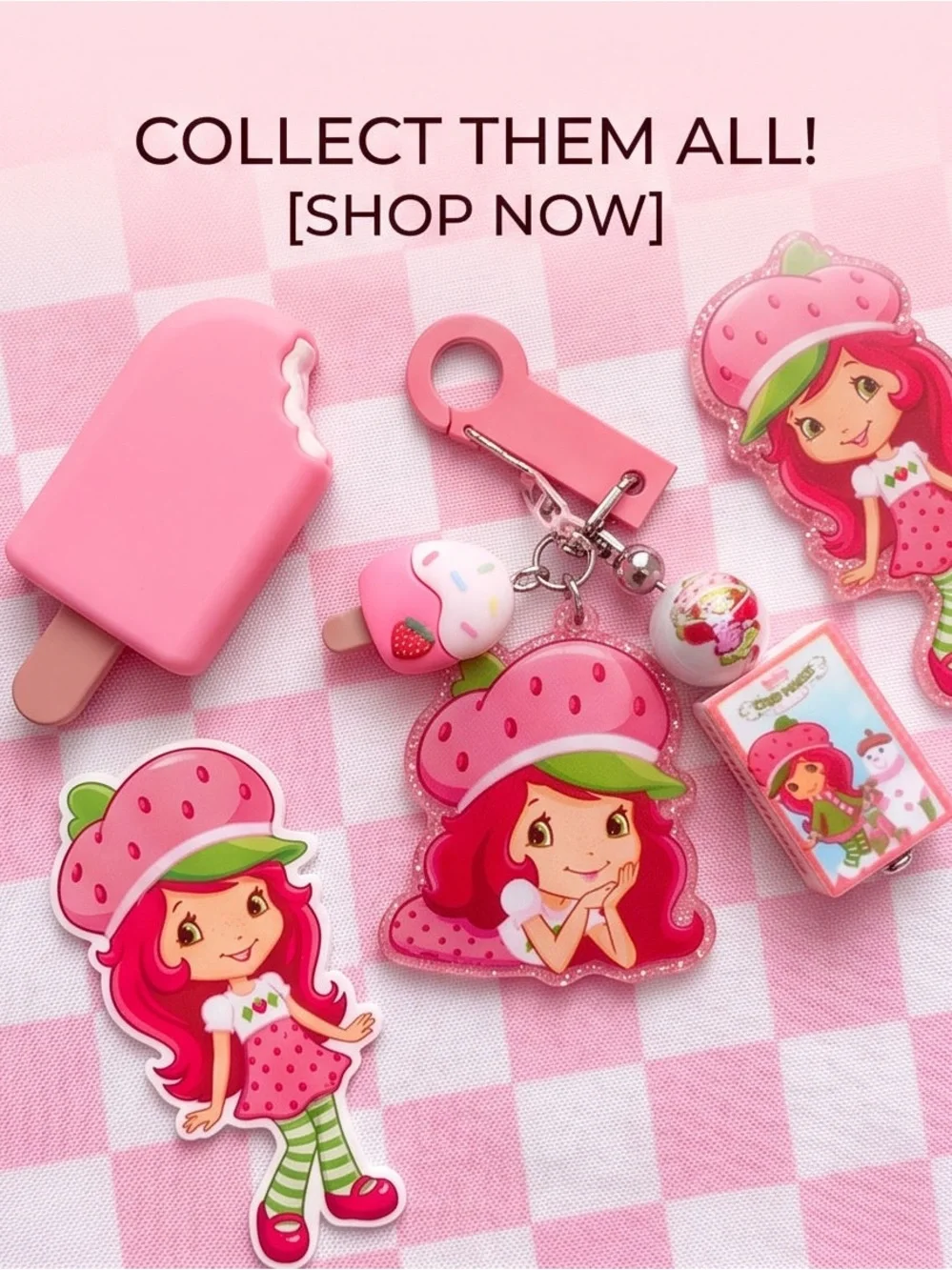 Pink Strawberry Character Kids Hair Bow with Matching Charms